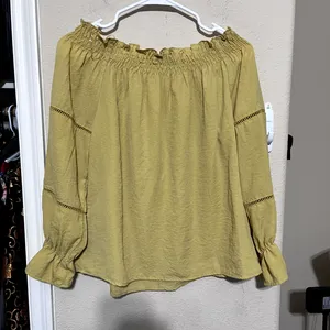 Timing Mustard Yellow Peasant Blouse Smocked Off‎ shoulder flowy romantic cottagecore M thumbnail 5