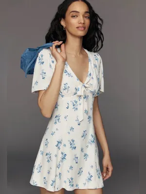 Reformation Tyra Mini Dress Floral Modest Blue Cream Girly Feminine Dress Sz 2 thumbnail 8