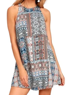 Lulus Sleeveless Swing Shift Mini Dress Women’s Large Gray/Blue/Black/Orange thumbnail 1