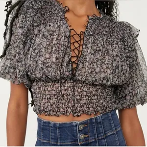 Free People Beatrice Mesh Blouse Top Floral Printed Ruffle Smocked Sz L thumbnail 1