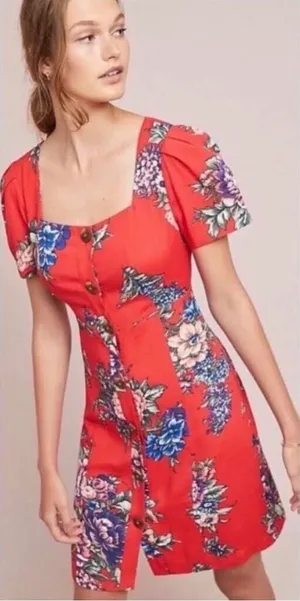 Maeve Dress Women 4 Red Floral Button Front Square Neck Mini Boho Anthropologie thumbnail 1
