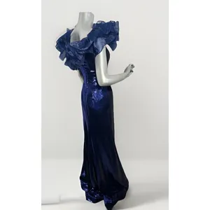 Sherri Hill 55328 Navy Blue Sequin Off-The-Shoulder Ruffle Gown – Size 00 thumbnail 9