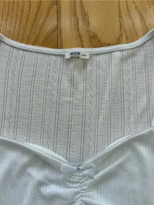 Ardene Pointelle Knit Long Sleeve Top Size XL White Ribbed Cinch Front Bow Y2K thumbnail 4