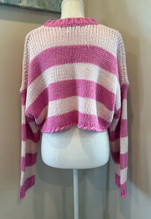 Edikted Pink and Cream Striped Cropped Crew Sweater thumbnail 1