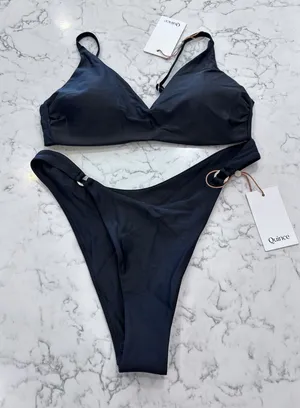 NWT Quince Black Italian V Neck Bikini Top & Ring High Leg Bottoms Set Medium thumbnail 1