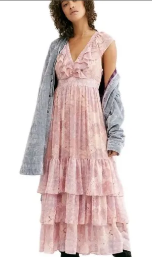 Free People Wear It Out Pink Tiered Ruffle Maxi Dress Size 4 thumbnail 1