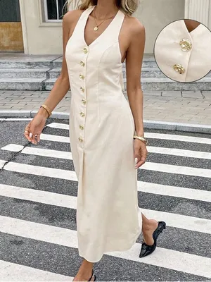 SHEIN Cream Halter Midi Dress Gold Button Detail Open Back Size M NWOT thumbnail 2