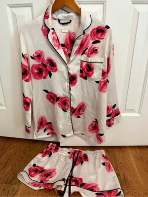 Kate Spade Roses Satin Pajama Set Long Sleeve Top and Shorts Size Large thumbnail 2