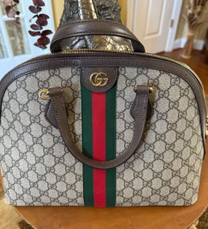 Gucci Brown GG Canvas Satchel with Green and Red Cherry Web Stripe thumbnail 1