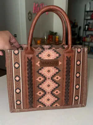 Wrangler Brown and Pink Geometric Embroidered Tote thumbnail 1