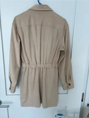 NWT Zara Faux Suede Shirt Dress Shacket Beige Button Front Long Sleeve Pockets-M thumbnail 3