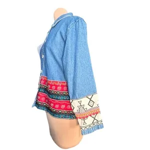 Vintage Oversized Embroidered Denim‎ Jacket Boho Cowgirl Southwestern Festival thumbnail 2