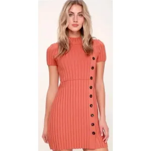 FREE PEOPLE Lottie Coral‎ Ribbed Small Button Front Mock Neck Sweater Dress M7-3 thumbnail 2