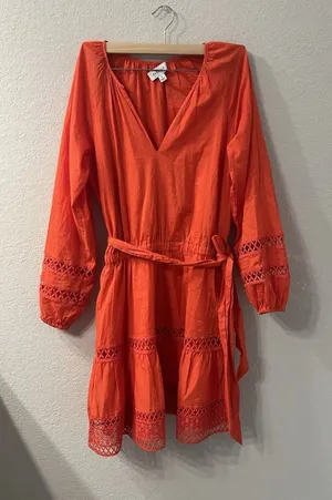 Evereve Juliana Dress Red Cotton Pockets Elastic Tie Waist Sz S Cottagecore Boho thumbnail 1