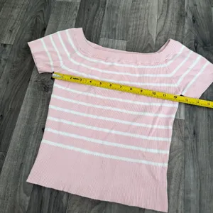 Garage Short Sleeve Off Shoulder Sweater coquette pink striped thumbnail 4