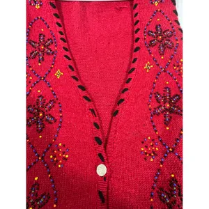 IVY Vintage Beaded Knit Sweater Vest Womens M Red Floral Whipstitch V-Neck Artsy thumbnail 12