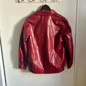 Classic Red Vegan Leather Front Zip Oversized Bomber Style Jacket thumbnail 2