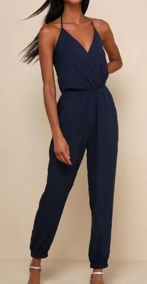Lulus Learning to Fly Navy Blue Halter Jumpsuit size medium NWT thumbnail 1