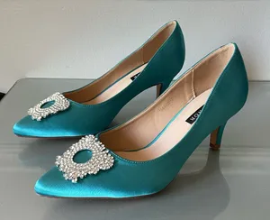ERIJUNOR Teal Satin Kitten Heel Pumps Rhinestone Buckle Pointed Toe Size 7 thumbnail 1