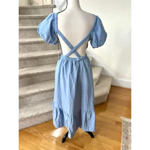 NWT ASTR Baby Blue Puff Sleeve Milkmaid Cottage Midi Backless Dress thumbnail 4