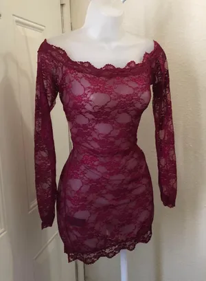 Burgundy red off shoulder sheer lace scallop hem mini dress long sleeves#whimsygoth #gothic-M/L Measurement in pics thumbnail 1