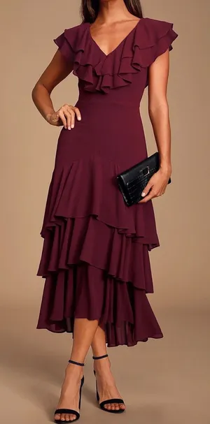NWT Lulus Betsey Burgundy Maroon Ted Ruffled Midi Dress Size XS Lightweight thumbnail 1