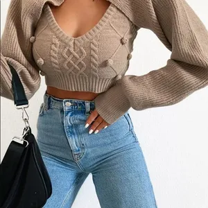 2 piece set winter turtleneck crop sweaters vest backless‎ knitted new ju… thumbnail 2
