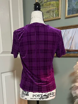 Nine West Purple Plaid Velvet Baby Tee SZ S Y2K Whimsigoth Romantic Goth thumbnail 2