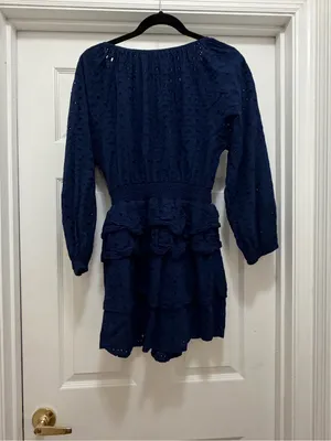 Smocked Waist Eyelet Long Sleeve Dress - Navy thumbnail 2