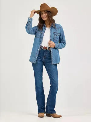 $70 NWOT WOMEN'S WRANGLER CLASSIC WESTERN SNAP DENIM SHIRT in mid wash L thumbnail 3