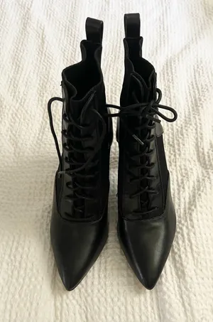 Pointed laced tie faux leather contrast pull on knit ankle boots thumbnail 3