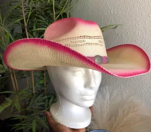 Vintage rare pink ombre western cowgirl/cowboy straw hat with silver tone hardware Size L thumbnail 4
