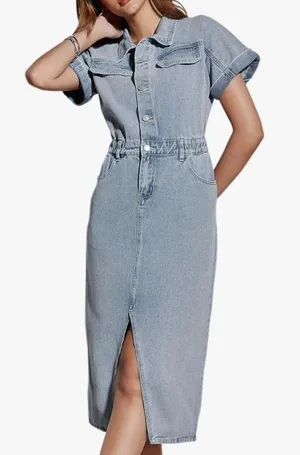 NEW Short Sleeve Denim Midi Dress Stretch Button Jean 2X thumbnail 1