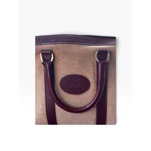 True Vintage Celine Triomphe Canvas Leather Tote Bag Beige Burgundy 70s France thumbnail 3