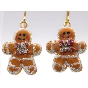 Gingerbread Dangle Earrings Glitter Accents Bows Gold Tone French Hook Pierced thumbnail 2