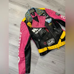 Colorful‎ Studded Leather Jacket Pink Size L thumbnail 7