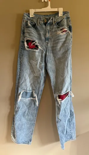 American Eagle‎ Highest Rise 90s Boyfriend Jeans Distressed Plaid Patch Light 6L thumbnail 1