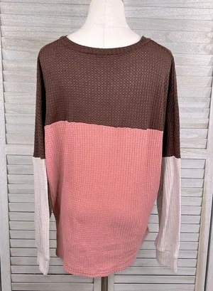 Waffle Knit Color Block Long Sleeve Tee Brown, Pink, Taupe-Large thumbnail 3