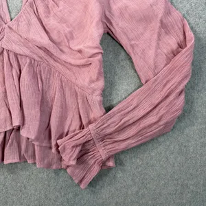 Free People Women's XS Pink Ruched Deep V-Neck Daia Top Peplum Long Sleeve thumbnail 2