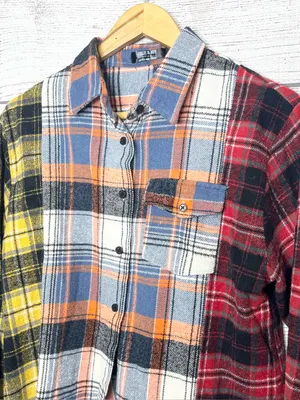 Jolie & Joy Patchwork Plaid Cut Off Button Up Shirt Jacket Shacket Size Large Yellow thumbnail 6