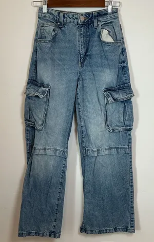 Cotton‎ On Curvy Cargo Jeans Womens 26 Blue Excellent Wide Leg High Rise Utility thumbnail 1