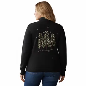 Vintage Christmas Sweater Cardigan Zip Trees 1X Embroidered Black Green thumbnail 3