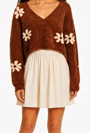LA Hearts Cropped Brown Floral Print Super Soft V Neck Pullover Sweater thumbnail 1