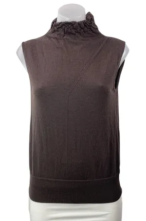 REISS 100% Wool Brown Sleeveless Knit Crinkled Mock Neck Sweater Vest Top Size S thumbnail 1