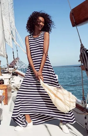 J.Crew Navy Blue White Striped High Low‎ Maxi Dress Size Small Cotton Nautical thumbnail 1