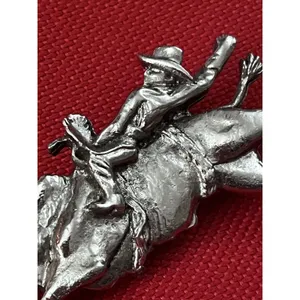 Pewter Bucking Bronco Rodeo Cowboy Bolo Slide Hat Lapel Pin thumbnail 2