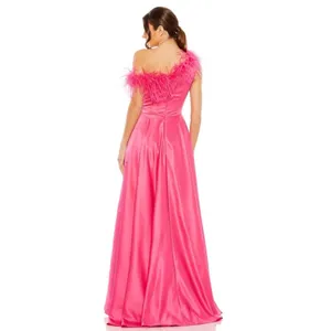 NWT Mac Duggal 11684 Hot Pink Satin Feather One Shoulder A-Line Gown Size 6 $598 thumbnail 3