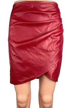 Windsor Red Faux Leather Ruched Pencil Straight Mini Asymmetrical Wrap Skirt L thumbnail 1