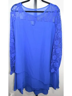 Royal Blue Sheer Chiffon Tunic Dress Size 5XL – Lace Sleeve Layered Hem thumbnail 2
