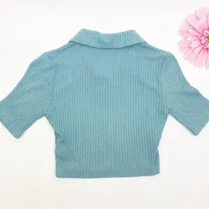 Reformation Peggy Ribbed Polo Two Button Crop Top Turquoise Green Blue thumbnail 4